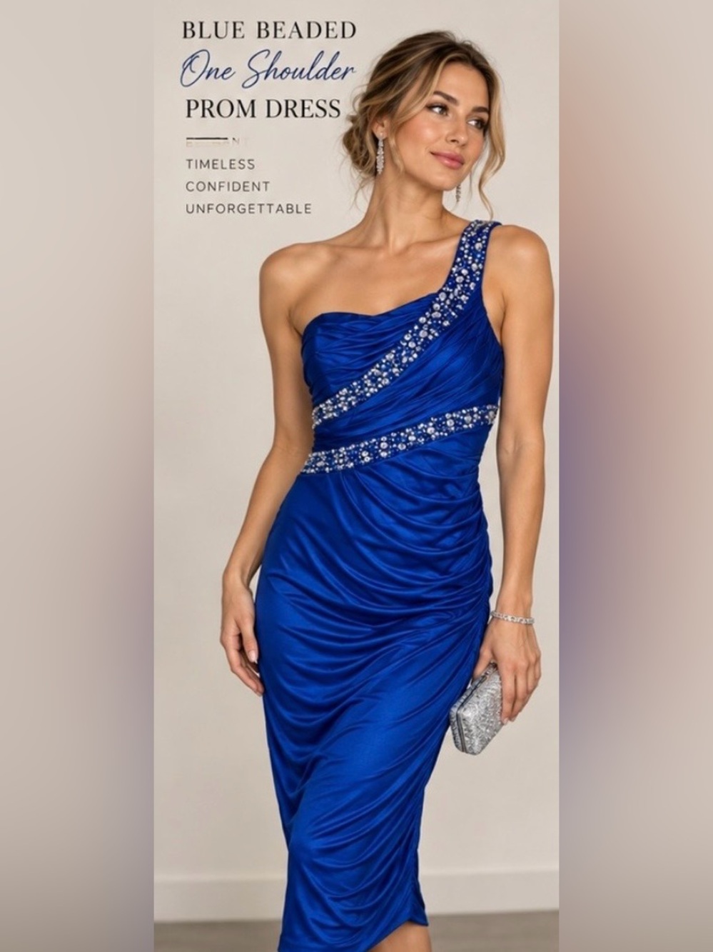 Blue Beaded One Shoulder‎ Prom Dress